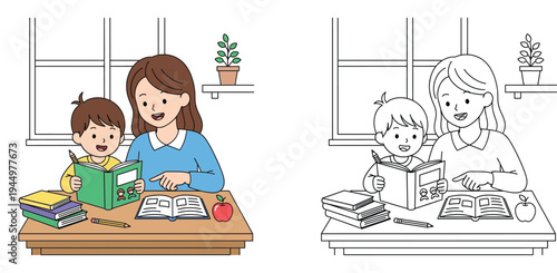 Vector illustration of a mother helping her son read a book at a desk. Cute cartoon homeschooling or homework concept. Color and black and white line outline for coloring book page.