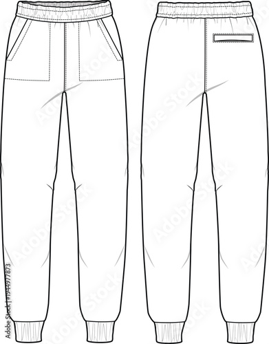 Joggers technical flat sketch vector mockup illustration.