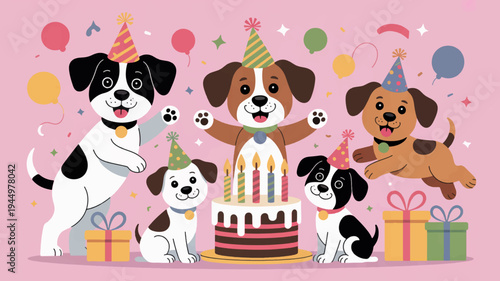 Happy dogs celebrate birthday with cake and gifts festive party scene with playful puppies
