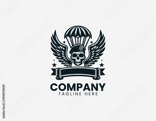Airborne skull with wings and parachute black vector logo illustration isolated on white background