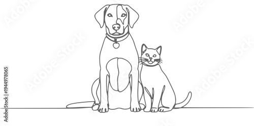 Continuous line drawing of a dog and cat sitting, minimalist art illustration style. Concept for veterinary clinic logo, pet adoption service, and animal care poster