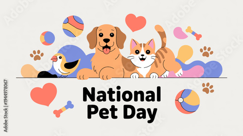 National pet day illustration with dog cat and bird colorful icons hearts and paw prints on a light background