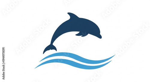 Dolphin jumping out of wavy ocean water in dark blue silhouette on white background
