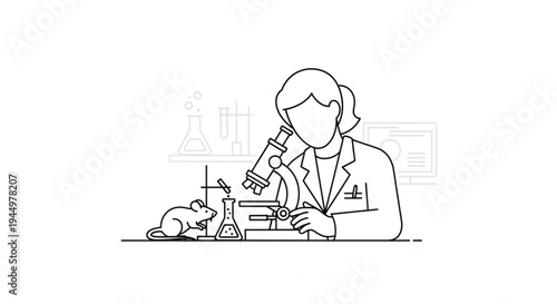 Scientist in lab coat examining mouse with microscope laboratory equipment research and experimentation
