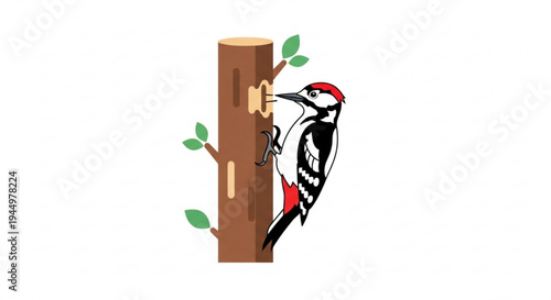 Woodpecker bird climbing tree trunk with suet feeder attached natural wildlife scene with green leaves