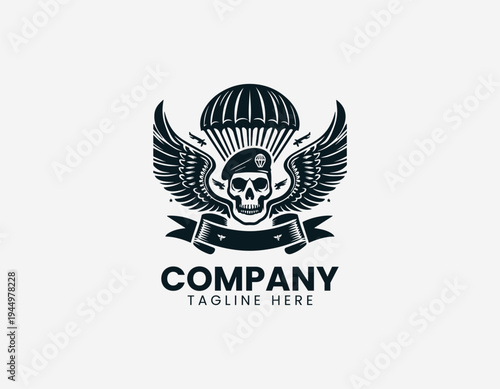 Airborne skull with wings and parachute black vector logo illustration isolated on white background