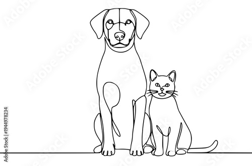 Continuous line drawing of a dog and cat sitting, minimalist art illustration style. Concept for veterinary clinic logo, pet adoption service, and animal care poster