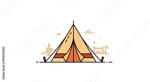 Vibrant orange and yellow tent pitched in front of a city skyline at sunset with clouds