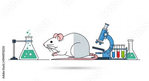 White lab mouse sitting next to colorful test tubes beaker and microscope on laboratory bench for science and research concept