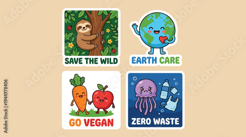 Eco friendly kawaii animal and earth conservation sticker badge set vector