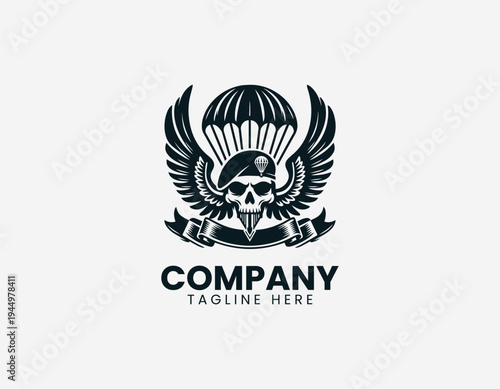 Airborne skull with wings and parachute black vector logo illustration isolated on white background