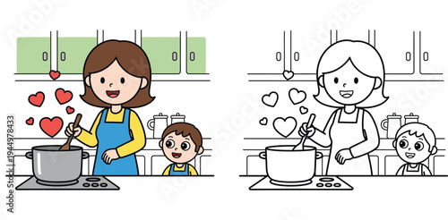 Cute cartoon mother and son cooking together in the kitchen with hearts. Colorful and black and white line outline for children coloring book page vector illustration.