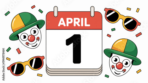 April fools' day celebration with clown faces sunglasses and confetti on calendar
