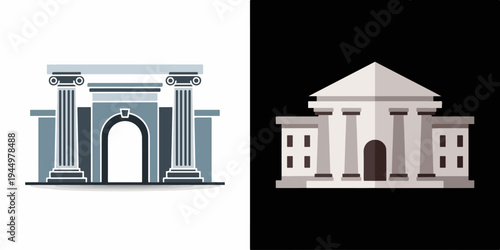Set of Classical Architectural Building Icons Featuring Columns and Arches in Flat Design Style