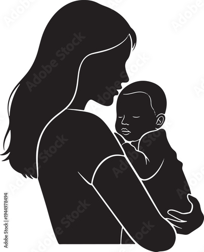 Silhouette of a mother tenderly holding her sleeping baby, symbolizing love, nurture, and family bond in a simple, clean design.