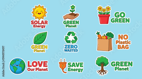 Cute go green solar energy and zero waste eco sticker set vector