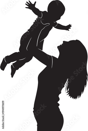 Joyful silhouette of a mother lifting her baby high in the air, celebrating happiness, freedom, and playful moments of childhood.
