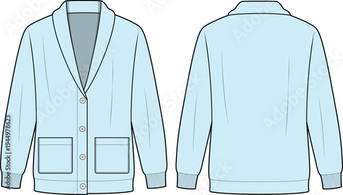 Shawl collar cardigan front and back view flat sketch vector mockup template technical illustration