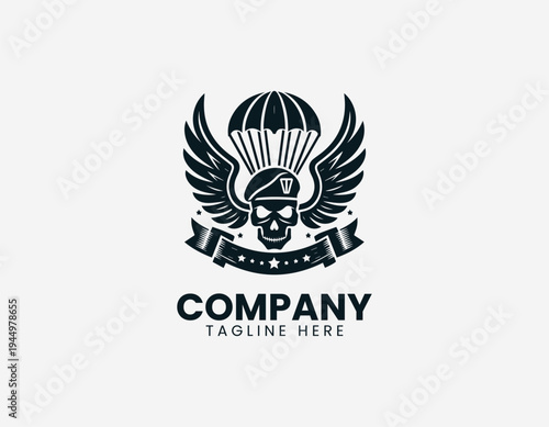 Airborne skull with wings and parachute black vector logo illustration isolated on white background