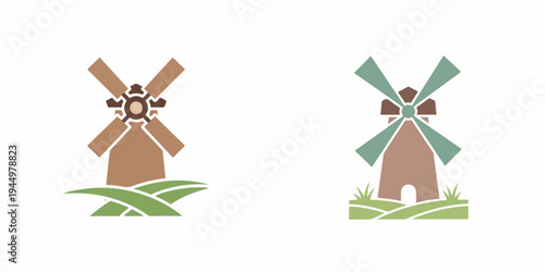 Illustration of two stylized windmills on a grassy landscape with a clear background