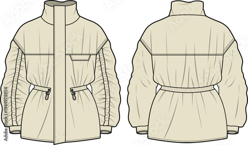 Ladies anorak jacket front and back view technical flat drawing vector mockup template.