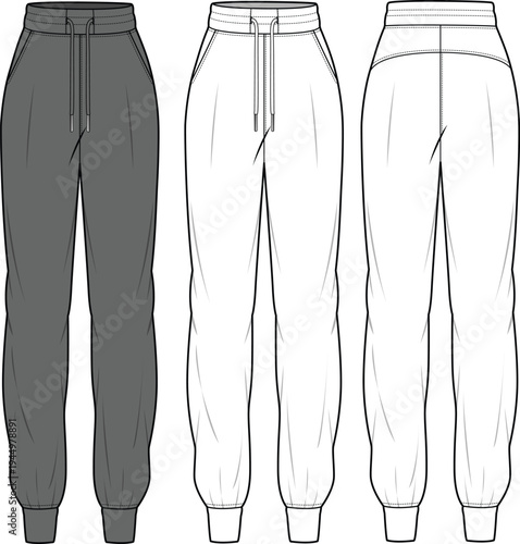 Female high waisted fitted jogger design technical flat sketch vector mockup template.