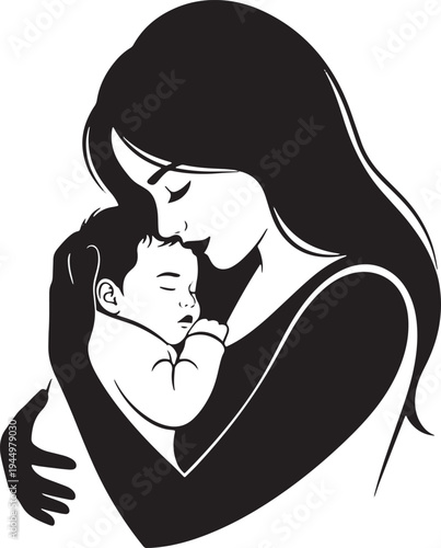 Stylized silhouette of a mother gently kissing her sleeping baby's forehead, expressing deep love, tenderness, and peaceful family moments.