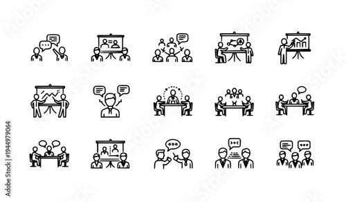 Meeting Line Icon Set Business Conference Team Brainstorm Vector