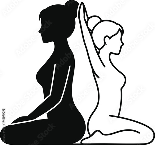 Silhouette yoga woman and line art Vector