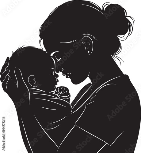 Mother and baby silhouette, faces close together in a tender moment of connection and shared love, symbolizing maternal devotion.