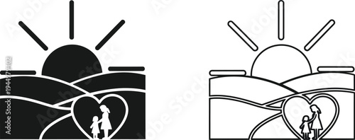 Sunrise silhouette heart love couples Vector