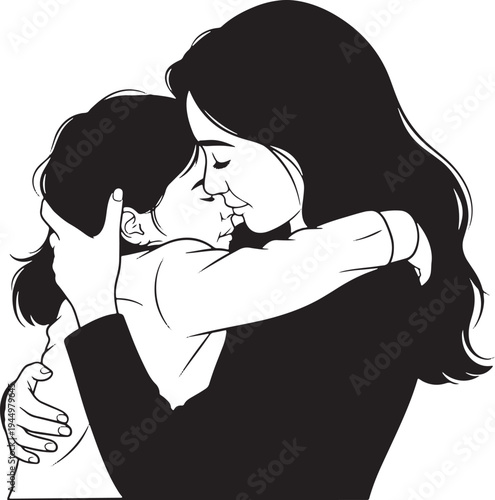Silhouette of a mother embracing her child tightly in a loving hug, conveying warmth, safety, and the deep emotional connection of family.