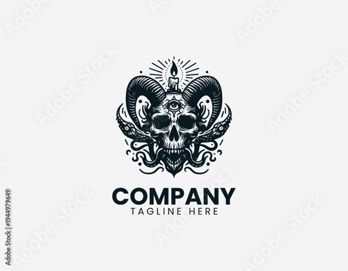Horned animal skull with candle and snakes in dramatic gothic black vector illustration style