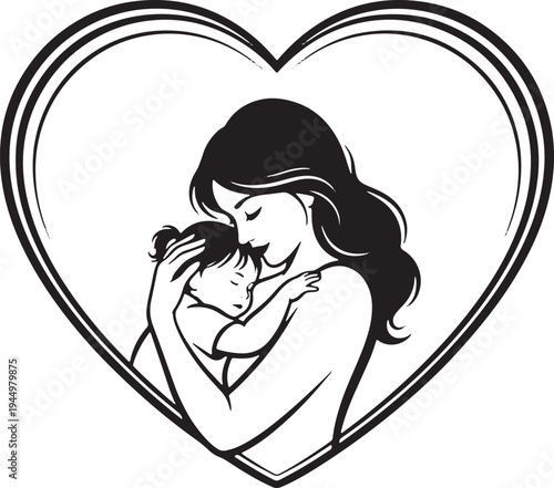 Heart frame with mother embracing sleeping baby, symbolizing deep love and tender affection. Sweet illustration for Mother's Day.