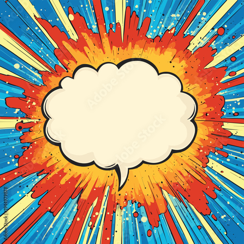 A blank comic book speech bubble surrounded by bold colors , vector style simple color