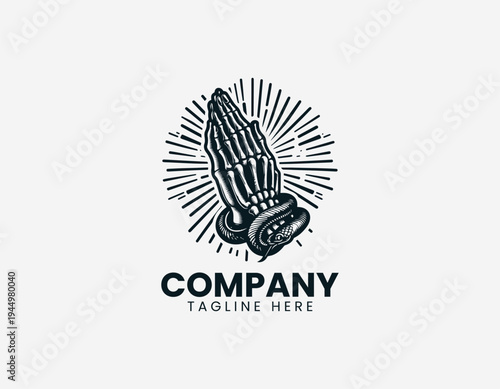 Praying hands with snake and skeletal anatomy in dramatic modern black vector illustration style