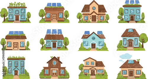 Eco Friendly Solar Panel House Collection with Sustainable Green Homes Renewable Energy Roof Panels and Modern Residential Architecture Illustration Set