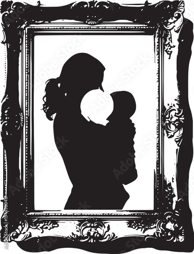 Mother holding baby's silhouette within an ornate vintage frame, creating a classic portrait of maternal love and heritage.