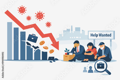 Economic Impact and Rising Unemployment Due to Coronavirus Pandemic: Flat Vector Illustration of Financial Crisis, Job Loss, Stock Market Crash, and People Searching for Work During Global Recession
