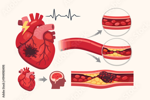 Medical Illustration of Heart Attack Pathology and Atherosclerosis Showing Coronary Artery Disease with Plaque Buildup, Blood Clot Formation, Myocardial Infarction, Stroke Risk, and Human Anatomy