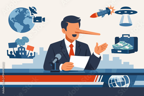 Vector illustration of a news anchor with a long Pinocchio nose reporting fake news on television. Concept of media manipulation, disinformation, propaganda, corruption, and lying in journalism.