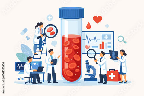 Vector Illustration of a Medical Test Tube with Red Blood Cells and a Team of Doctors Performing Diagnostics. Laboratory Research for Hematology, Blood Analysis, Healthcare, and Clinical Science.