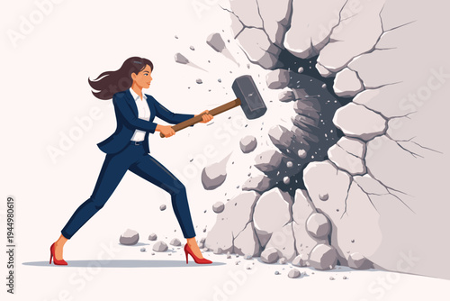 Strong Motivated Businesswoman Breaking Through a Concrete Wall with a Sledgehammer, Concept of Overcoming Barriers, Success, Gender Equality, Empowerment, and Career Growth Vector Illustration