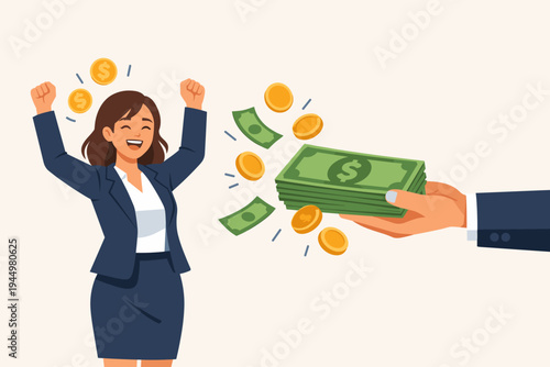 Happy Businesswoman Celebrating Receiving Salary Payment, Bonus, or Wages. Hand Giving Stack of Cash and Gold Coins to Female Employee in Suit. Career Growth, Financial Success, and Wealth.