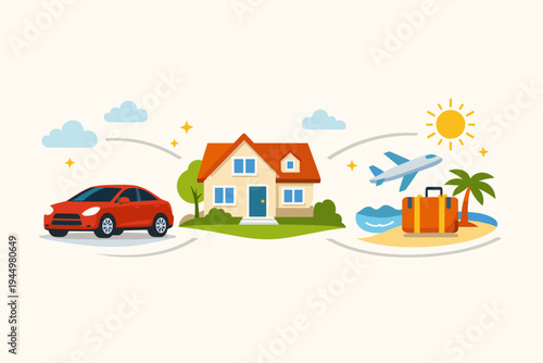 Flat Vector Illustration of Life Goals and Aspirations Featuring a Modern Red Car, a Cozy Family House, and a Tropical Vacation Scene with an Airplane and Suitcase for Financial Planning Concepts