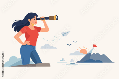 Young Woman Looking Through Spyglass Searching for New Opportunities and Business Vision, Female Leader Scouting Future Goals and Success, Flat Vector Illustration of Career Growth and Planning