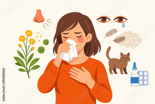 Woman Suffering from Allergy Symptoms with Runny Nose, Sneezing, and Watery Eyes, Flat Vector Illustration of Seasonal Hay Fever Triggers like Pollen, Pet Dander, Dust, and Medical Treatment.