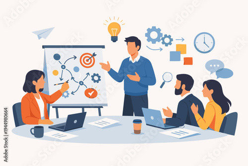 Business team collaborating on a strategic plan during a meeting. Group of diverse colleagues brainstorming ideas with a whiteboard, laptops, and creative icons in a flat vector illustration.