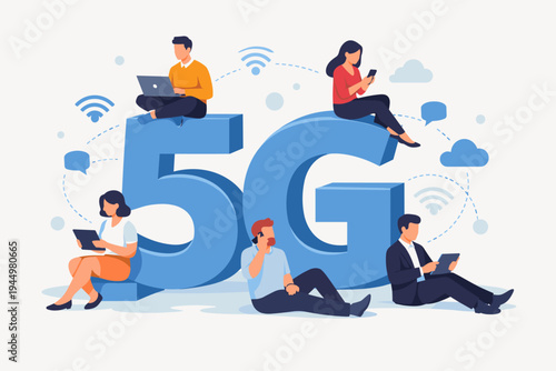 Flat vector illustration of diverse business people using gadgets like laptops, smartphones, and tablets while sitting on a giant 5G symbol, representing high-speed wireless network connectivity.