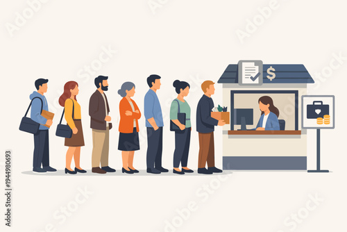 Flat vector illustration of jobless men and women waiting in line at a service window for unemployment benefits, insurance claims, and financial aid after job loss during an economic crisis.